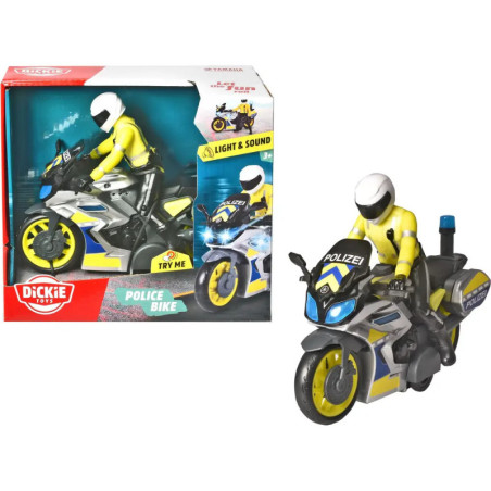 Spielzeug-Polizeimotorrad mit gelbem Fahrer neben Verpackung von Dickie Toys mit Licht- und Soundfunktion.