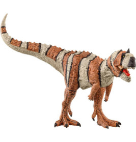 Ein braun-grau gestreiftes Dinosaurierspielzeug mit offenem Maul und scharfen Zähnen steht auf zwei Beinen.