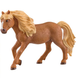 Braune Pferdefigur mit heller Mähne und Schweif, im Schritt auf weißem Hintergrund dargestellt.