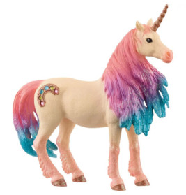 Ein Einhorn-Spielzeug mit rosa-blauer Mähne, goldenem Horn und juwelenbesetztem Halbmond an der Seite.