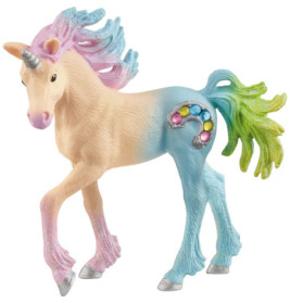 Buntes Einhorn-Spielzeug mit pastellfarbener Mähne in Rosa, Blau, Grün, glitzernden Hufen und Regenbogendekor.