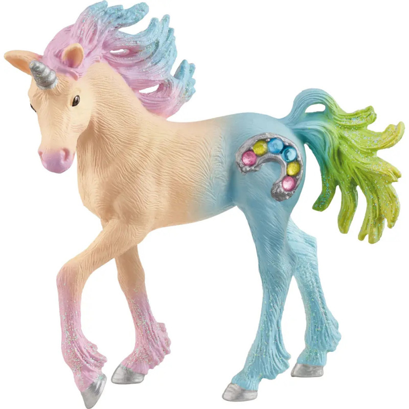 Buntes Einhorn-Spielzeug mit pastellfarbener Mähne in Rosa, Blau, Grün, glitzernden Hufen und Regenbogendekor.