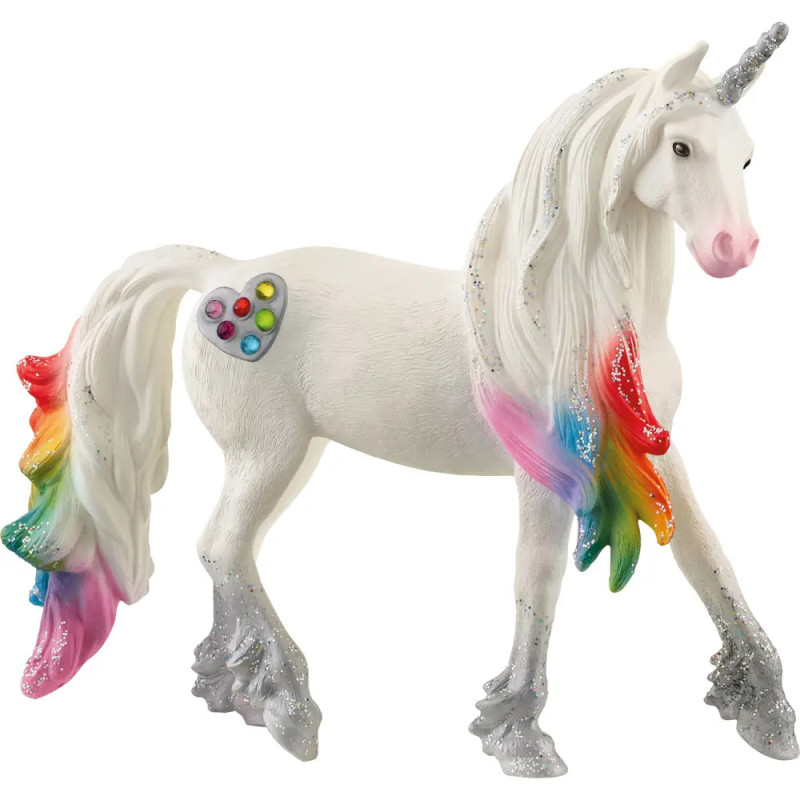 Weiße Einhornfigur mit regenbogenfarbener Mähne, Schwanz und glitzerndem, herzförmigem Fleck an der Seite. Weiße Einhornfigur mit regenbogenfarbener Mähne, Schwanz und glitzerndem, herzförmigem Fleck an der Seite.