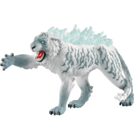 Spielzeugfigur eines weißen Tigers mit grauen Streifen und eisblauen Stacheln auf dem Rücken, der brüllt.