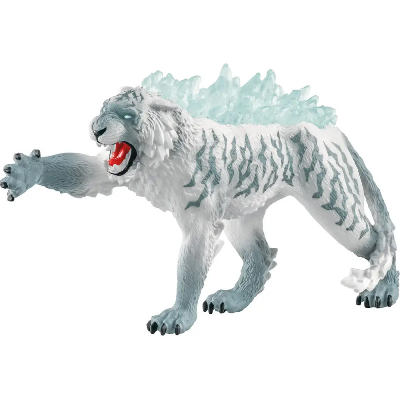 Spielzeugfigur eines weißen Tigers mit grauen Streifen und eisblauen Stacheln auf dem Rücken, der brüllt.