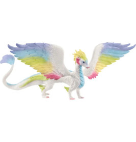 Ein weißer Drache mit pastellfarbenen Regenbogenflügeln, blauen Streifen und gelben Kopffransen steht mit ausgebreiteten Flügeln