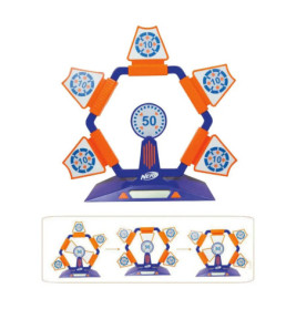Nerf-Zielscheiben-Set mit rotierenden, nummerierten Bullaugen und Diagramm mehrerer Sets in einer Reihe.