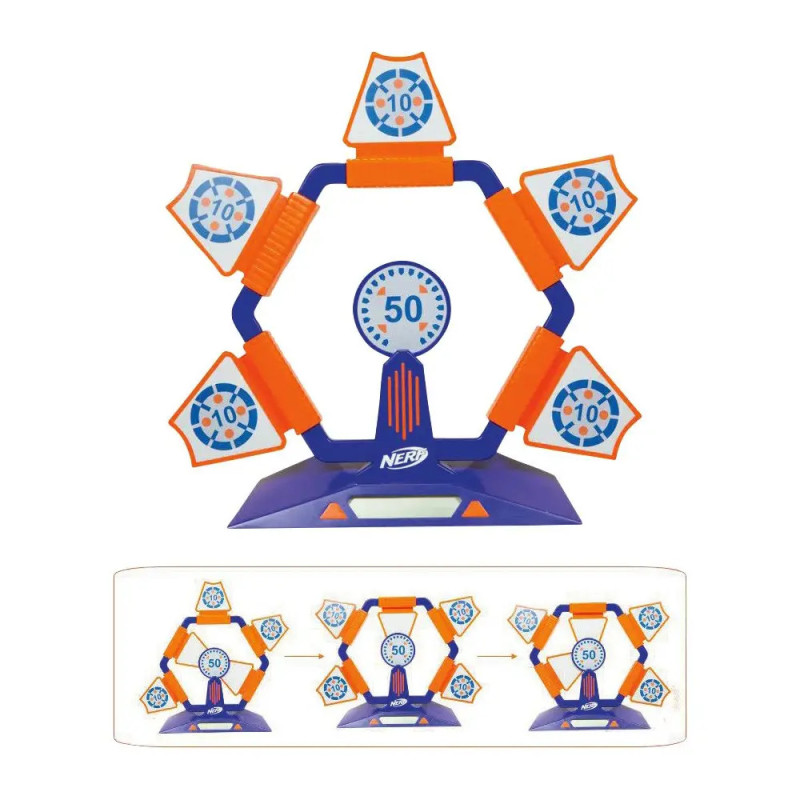 Nerf-Zielscheiben-Set mit rotierenden, nummerierten Bullaugen und Diagramm mehrerer Sets in einer Reihe.