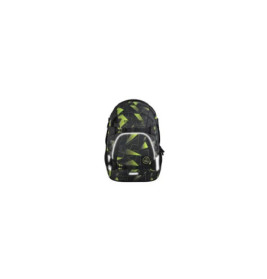 Schwarz-grüner Camouflage-Rucksack mit Fronttasche, frontal vor weißem Hintergrund fotografiert.
