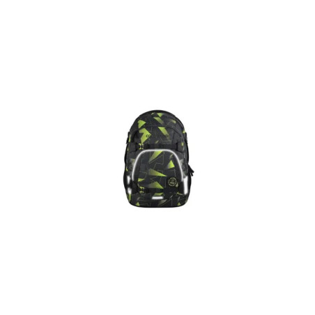 Schwarz-grüner Camouflage-Rucksack mit Fronttasche, frontal vor weißem Hintergrund fotografiert. Schwarz-grüner Camouflage-Rucksack mit Fronttasche, frontal vor weißem Hintergrund fotografiert.