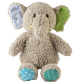 Graues Plüsch-Elefantenkuscheltier mit verschiedenfarbigen Pastellohren und blau gemusterten Füßen.