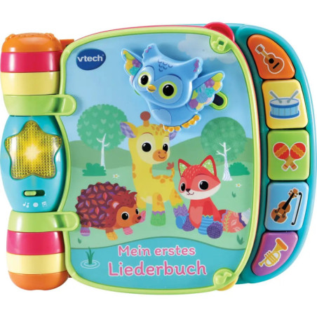 Buntes VTech Musikbuch auf Deutsch mit Tiermotiven und Instrumentenknöpfen auf dem Cover. Buntes VTech Musikbuch auf Deutsch mit Tiermotiven und Instrumentenknöpfen auf dem Cover.