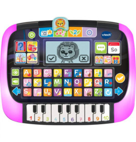 Rosa VTech-Kinderlaptop mit Buchstaben- und Pianotasten, Tiersymbolen und einem Bildschirm mit Löwengesicht.