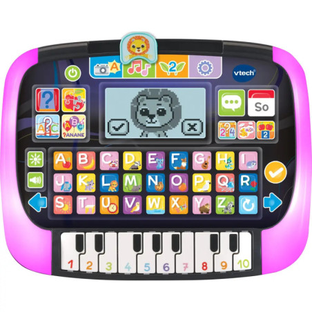 Rosa VTech-Kinderlaptop mit Buchstaben- und Pianotasten, Tiersymbolen und einem Bildschirm mit Löwengesicht. Rosa VTech-Kinderlaptop mit Buchstaben- und Pianotasten, Tiersymbolen und einem Bildschirm mit Löwengesicht.