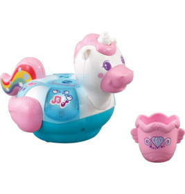 Buntes Einhorn-Badefloß mit pinker Mähne und Schweif, dazu ein separater pinker Becher mit Edelsteinmotiv.
