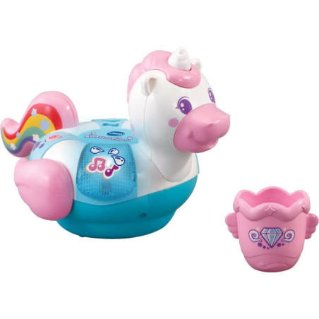 Buntes Einhorn-Badefloß mit pinker Mähne und Schweif, dazu ein separater pinker Becher mit Edelsteinmotiv. Buntes Einhorn-Badefloß mit pinker Mähne und Schweif, dazu ein separater pinker Becher mit Edelsteinmotiv.