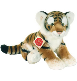 Plüsch-Tigerjunges mit braunem, schwarzem und weißem Fell sitzt aufrecht und trägt ein rotes Etikett.