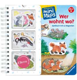 Magnetbuch für Kinder mit Tierillustrationen wie Fuchs, Vogel und Maus auf spiralförmigem Einband.