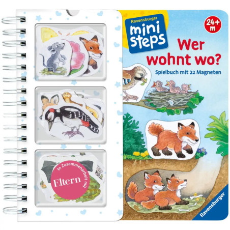 Magnetbuch für Kinder mit Tierillustrationen wie Fuchs, Vogel und Maus auf spiralförmigem Einband. Magnetbuch für Kinder mit Tierillustrationen wie Fuchs, Vogel und Maus auf spiralförmigem Einband.