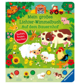 Bunte Hofszene mit Kühen, Schafen, Küken, Hahn, Kaninchen und rotem Traktor neben einer Scheune.