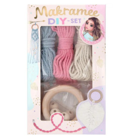 Makramee DIY-Set mit blauen, pinken und weißen Kordeln, Holzringen und bebilderter Verpackung.