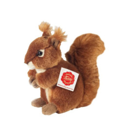 Braunes Eichhörnchen-Plüschtier mit buschigem Schwanz und rotem Etikett an der Seite.