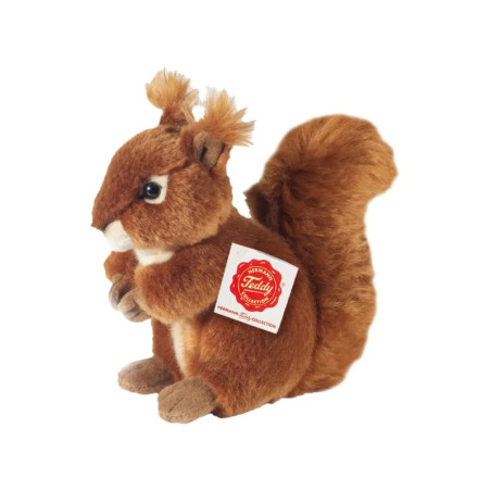 Braunes Eichhörnchen-Plüschtier mit buschigem Schwanz und rotem Etikett an der Seite.