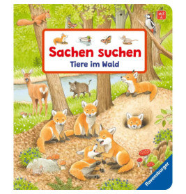 Waldszene mit Füchsen, Rehen und Wildschweinen Titel: Sachen suchen: Tiere im Wald.