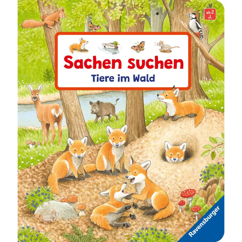 Waldszene mit Füchsen, Rehen und Wildschweinen Titel: Sachen suchen: Tiere im Wald.