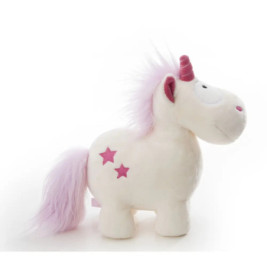 Plüsch-Einhorn, weiß mit rosa Mähne, Schweif, Horn und zwei rosa Sternen an der Seite.