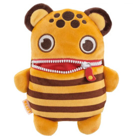 Plüschfigur mit bärigen Ohren, braunen Streifen, Reißverschlussmund und großen Augen auf gelbem Körper.