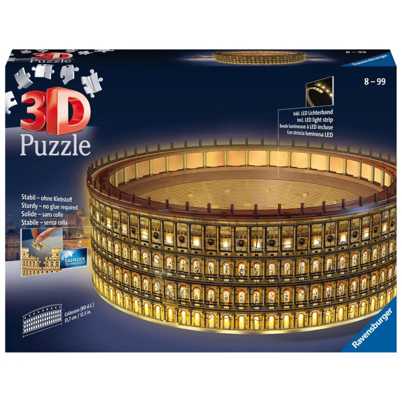 Ravensburger 3D-Puzzle Kolosseum mit LED, Altersempfehlung 8-99, abgebildet auf der Verpackung. Ravensburger 3D-Puzzle Kolosseum mit LED, Altersempfehlung 8-99, abgebildet auf der Verpackung.