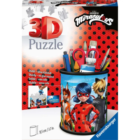 Miraculous Ladybug 3D-Puzzle-Stifteköcher mit Ladybug, Cat Noir und Rena Rouge auf der Verpackung.