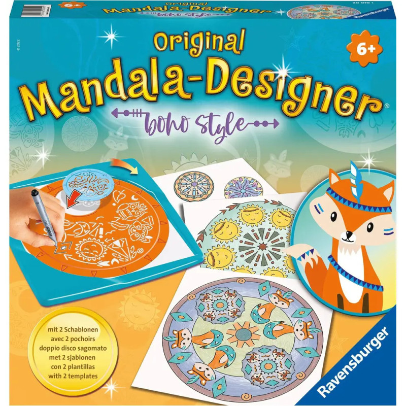 Mandala-Designer im Boho-Stil: Box mit bunten Mandalas und Fuchs, geeignet für Kinder ab 6 Jahren.