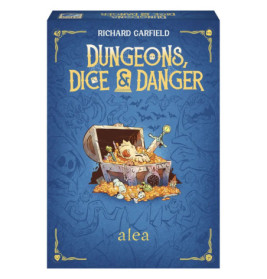 Die Spielbox Blue Dungeons, Dice & Danger zeigt eine Schatztruhe voller Gold und Totenschädel.