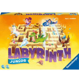 Labyrinth Junior Spielschachtel mit magischen Kreaturen, Figuren und einem Labyrinth auf gelbem Hintergrund.