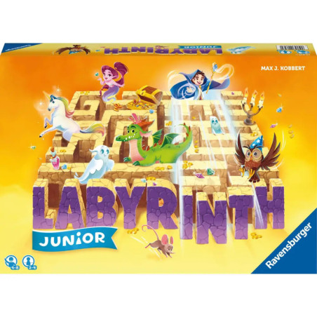 Labyrinth Junior Spielschachtel mit magischen Kreaturen, Figuren und einem Labyrinth auf gelbem Hintergrund.