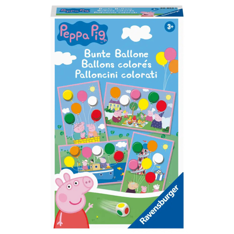 Peppa Pig Bunte Ballone Spielbox mit bunten Ballons und Peppa Pig Figuren auf illustrierten Karten.