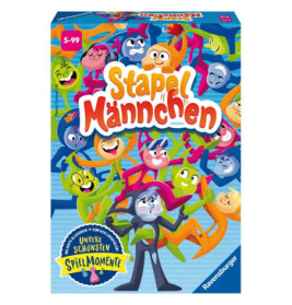 Bunte Stapel Männchen Brettspiel-Box mit verspielten Comicfiguren auf blauem Hintergrund.