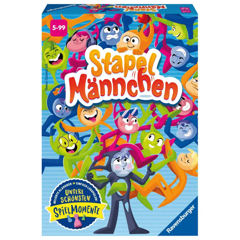 Bunte Stapel Männchen Brettspiel-Box mit verspielten Comicfiguren auf blauem Hintergrund.