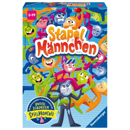 Bunte Stapel Männchen Brettspiel-Box mit verspielten Comicfiguren auf blauem Hintergrund.
