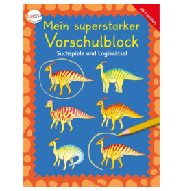 Buntes deutsches Vorschulbuch mit Dinosaurier-Illustrationen und gelbem Bleistift auf blauem Hintergrund.