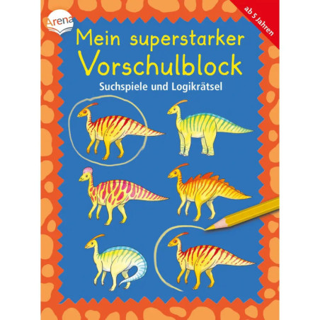 Buntes deutsches Vorschulbuch mit Dinosaurier-Illustrationen und gelbem Bleistift auf blauem Hintergrund.