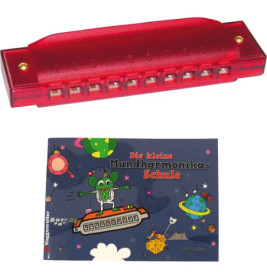 Rote Mundharmonika mit farbig illustriertem, deutschsprachigem Anleitungsheft für Kinder.