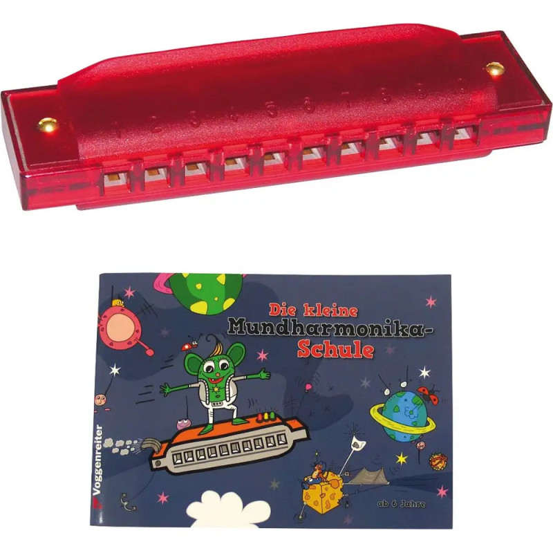 Rote Mundharmonika mit farbig illustriertem, deutschsprachigem Anleitungsheft für Kinder. Rote Mundharmonika mit farbig illustriertem, deutschsprachigem Anleitungsheft für Kinder.