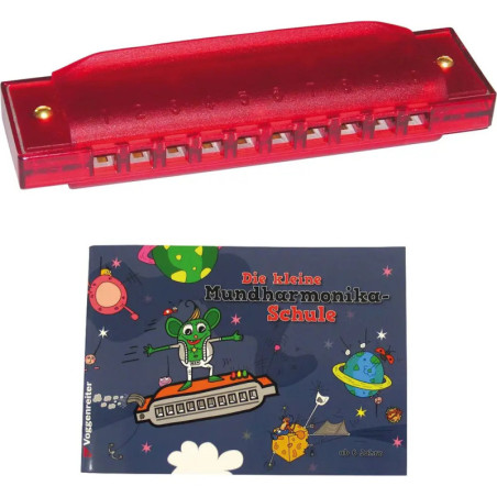 Rote Mundharmonika mit farbig illustriertem, deutschsprachigem Anleitungsheft für Kinder. Rote Mundharmonika mit farbig illustriertem, deutschsprachigem Anleitungsheft für Kinder.