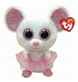 Weißer Plüschmaus mit großen rosa glitzernden Augen, rosa Ohren und Tutu aus der Ty Beanie Boos Kollektion.