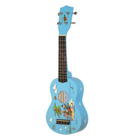Blaue Ukulele mit Cartoonfigur sowie Wolkenmotiven auf Korpus und Kopfplatte.
