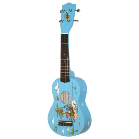 Blaue Ukulele mit Cartoonfigur sowie Wolkenmotiven auf Korpus und Kopfplatte.