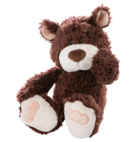 Ein brauner, flauschiger Teddybär mit weißen Pfoten und Schnauze sitzt aufrecht vor weißem Hintergrund.